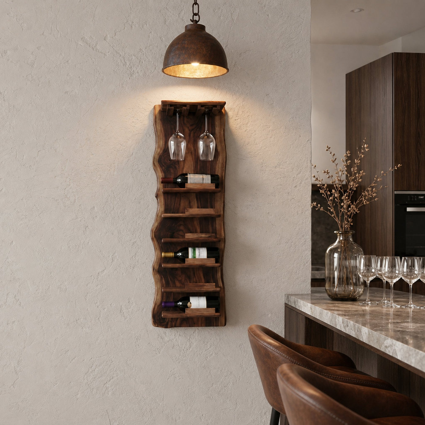 Live Edge Wall Mounted Wine Rack With Glass Holder And Vertical Bottle Storage For Kitchen And Dining Room - product view 7