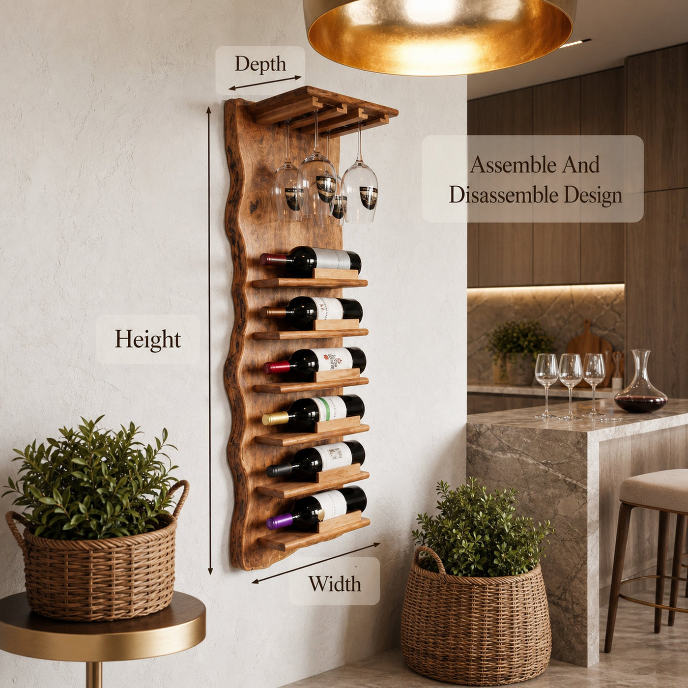 Live Edge Wall Mounted Wine Rack With Glass Holder And Vertical Bottle Storage For Kitchen And Dining Room - product view 8