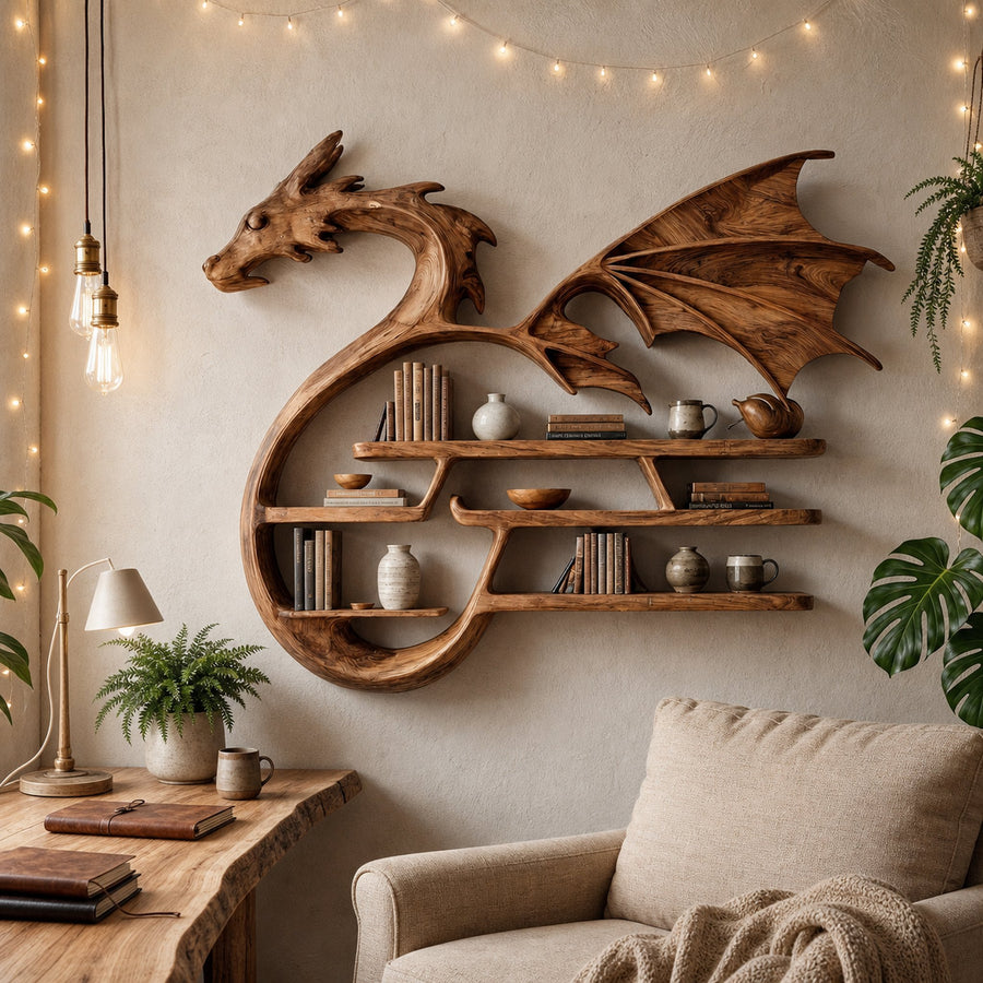 Medieval Dragon Wall Shelf With Sculptural Wooden Display Storage For Living Room