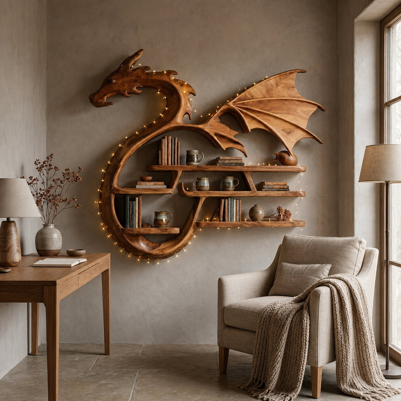 Medieval Dragon Wall Shelf With Sculptural Wooden Display Storage For Living Room - product view 6