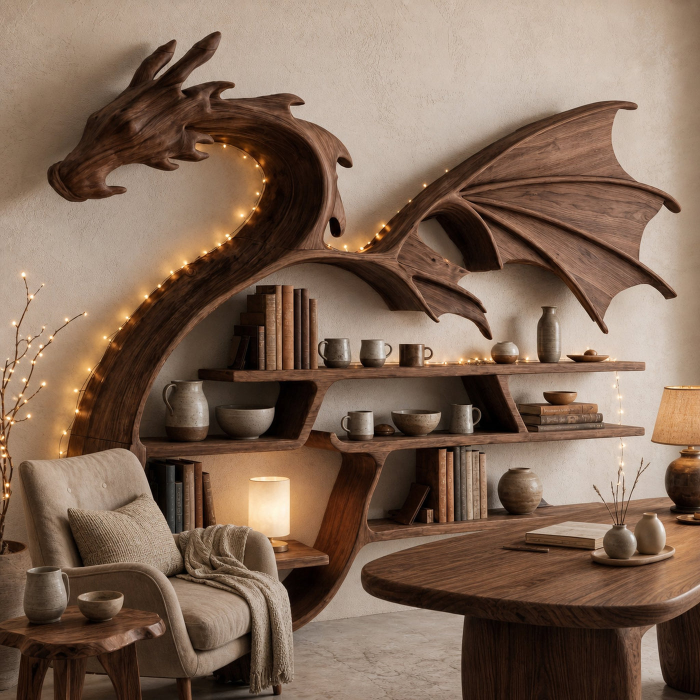 Medieval Dragon Wall Shelf With Sculptural Wooden Display Storage For Living Room - product view 7