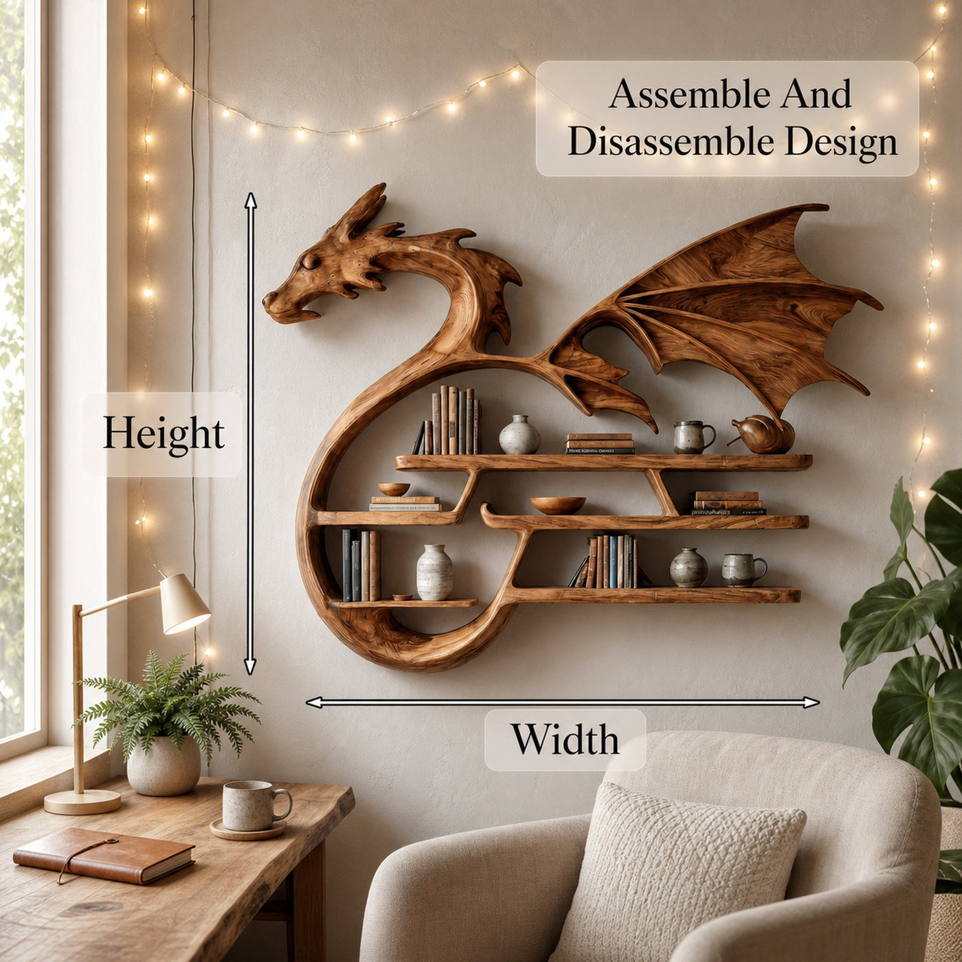 Medieval Dragon Wall Shelf With Sculptural Wooden Display Storage For Living Room - product view 8