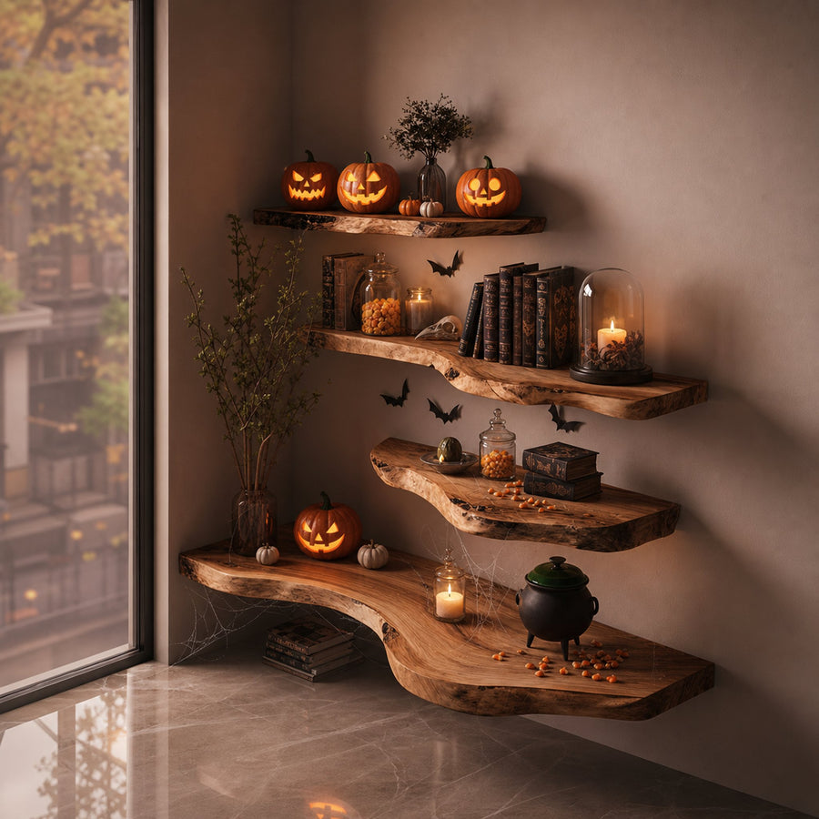 Mid Century Halloween Floating Shelf Natural Wood Wall Decor