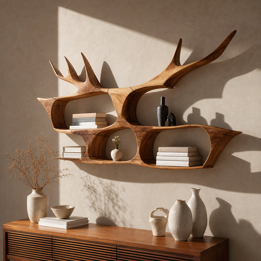 Mid Century Handcrafted Wooden Wall Mount Shelf For Entryway