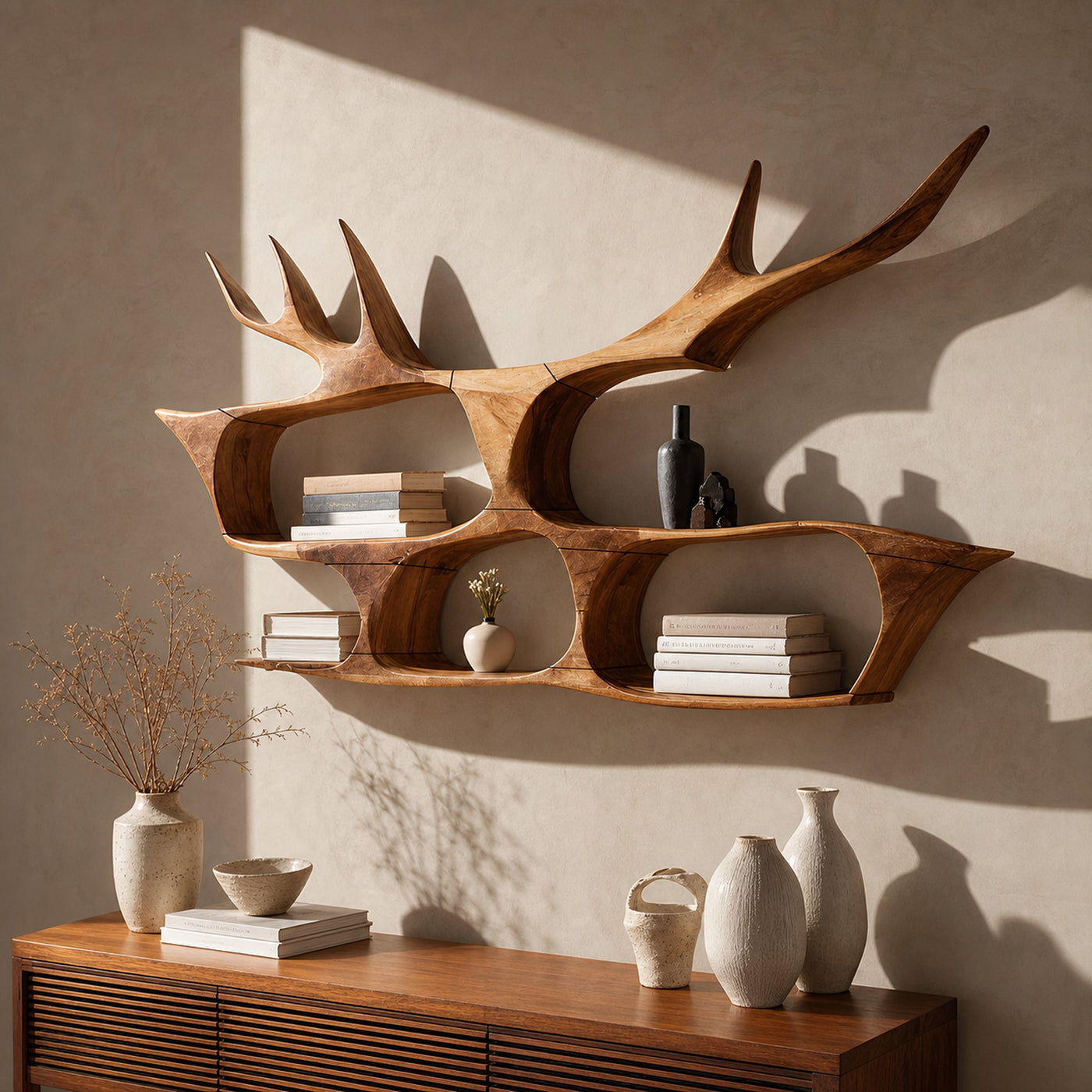 Mid Century Handcrafted Wooden Wall Mount Shelf For Entryway
