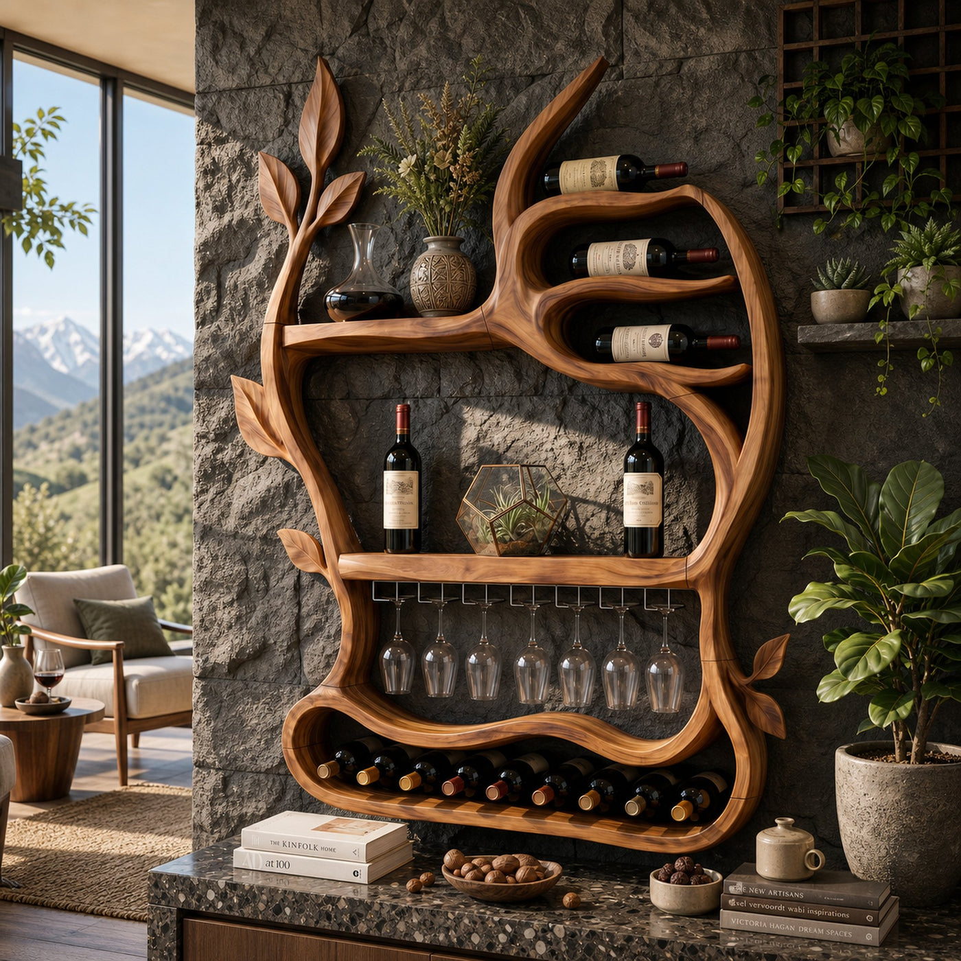 Mid Century Landscape Wine Holder For Dining Room