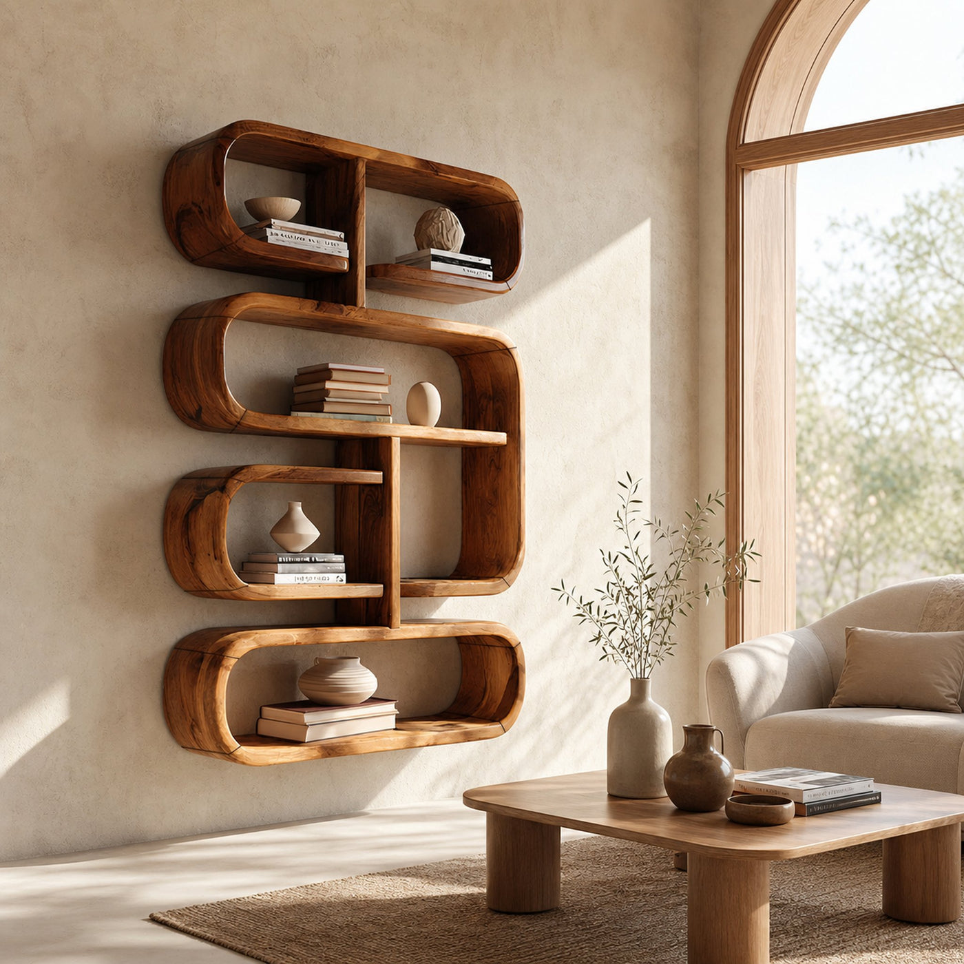 Mid Century Live Edge Display Shelf For Living Room Storage