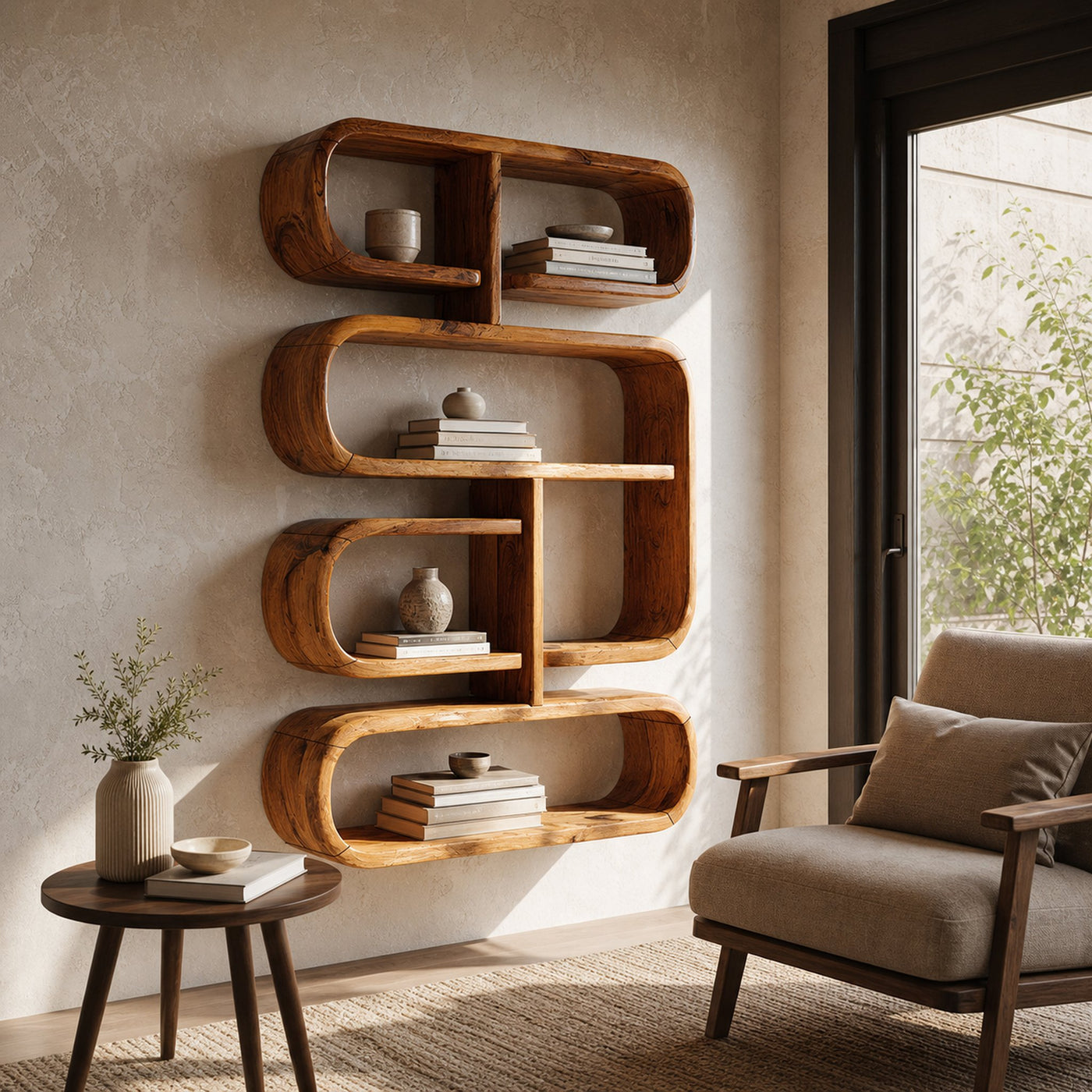 Mid Century Live Edge Display Shelf For Living Room Storage - product view 6