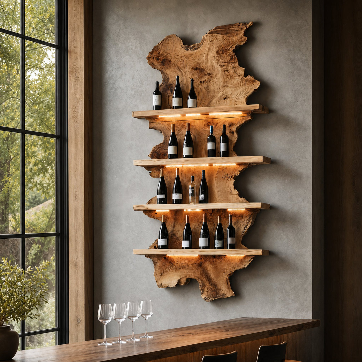 Mid Century Live Edge Wine Holder For Bar Decor And Home Art