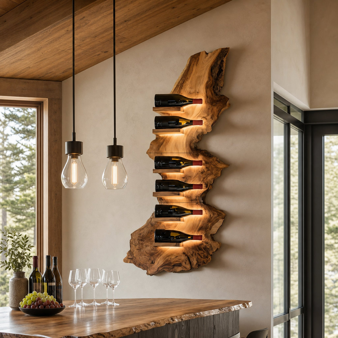 Mid Century Live Edge Wine Holder For Bar Decor Wine Shelf