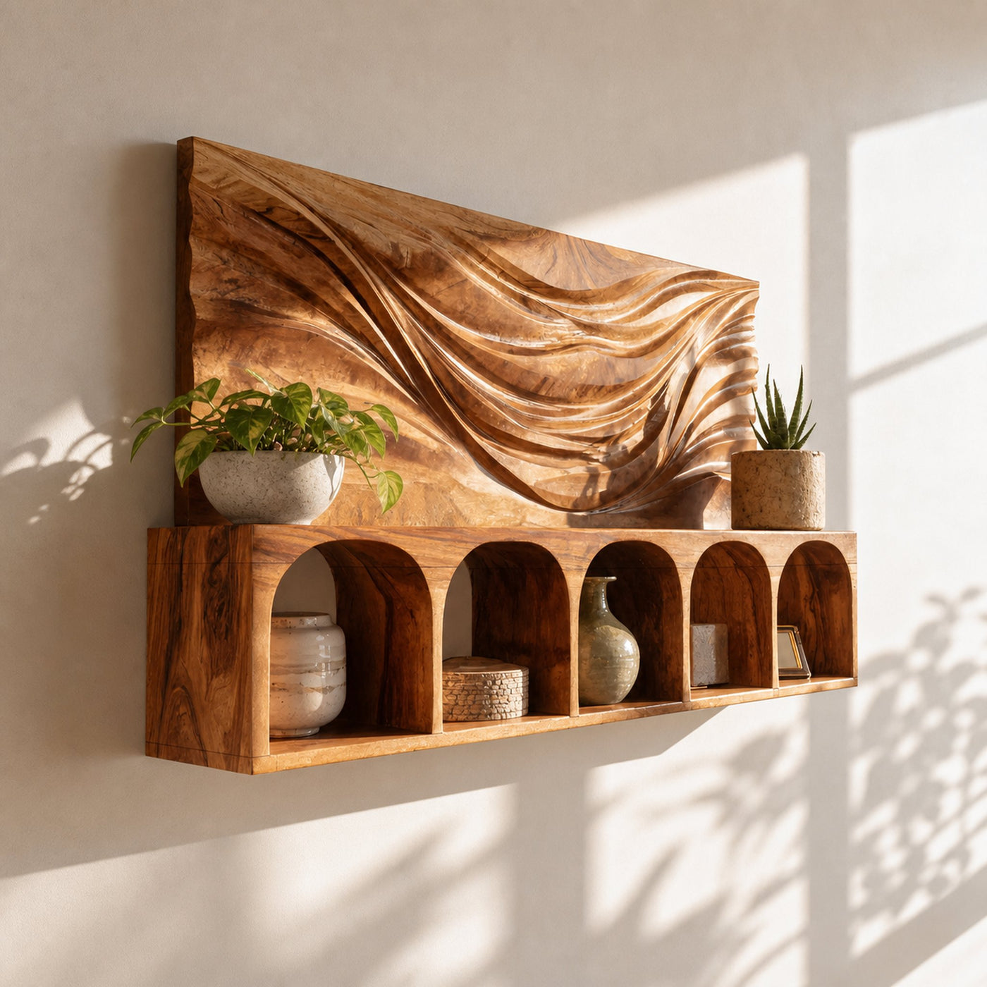 Mid Century Natural Wood Wall Storage Shelf For Kitchen Display