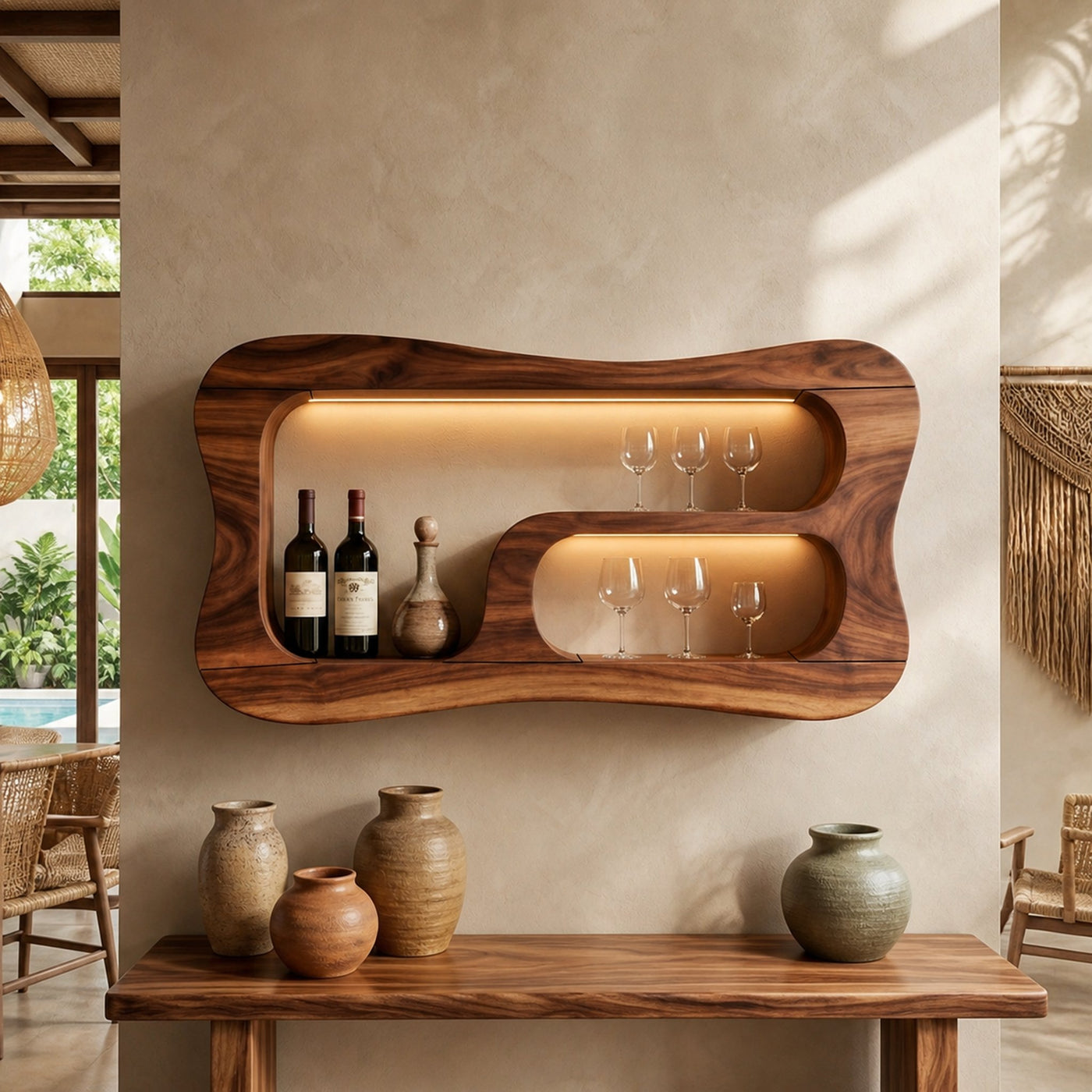 Mid Century Wall Mounted Wine Rack Shelf For Entertaining Space