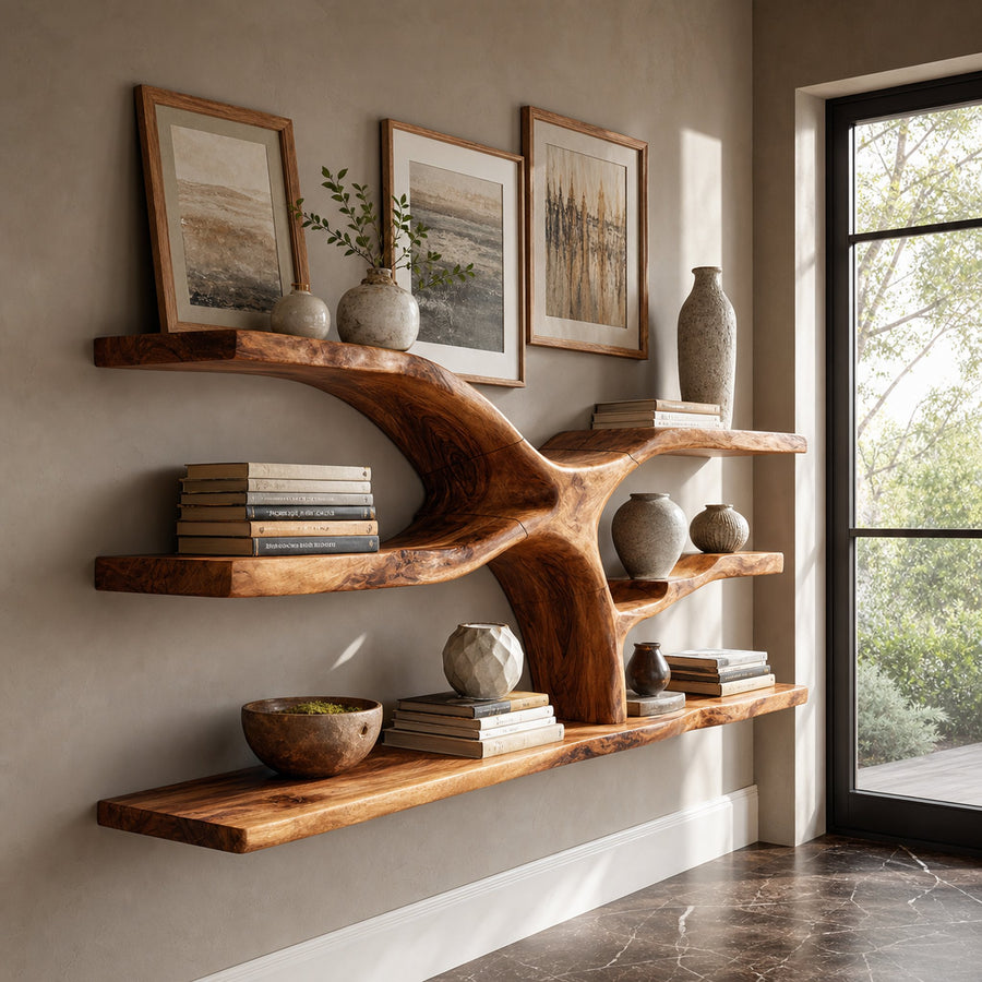 Mid Century Wooden Wall Mounted Bookshelf For Office Library