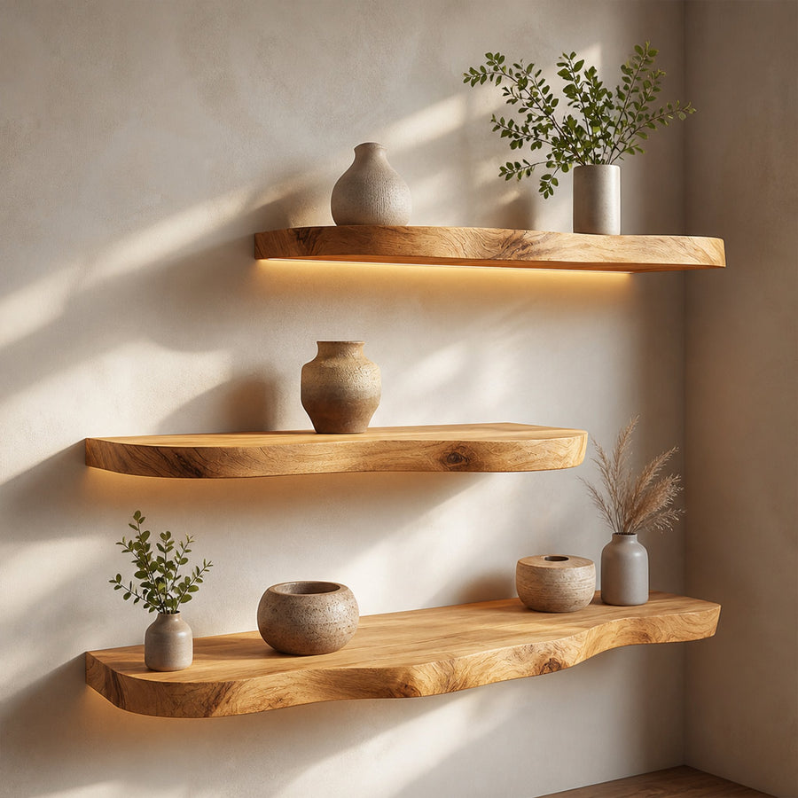 Minimal Solid Wood Floating Shelves Living Room