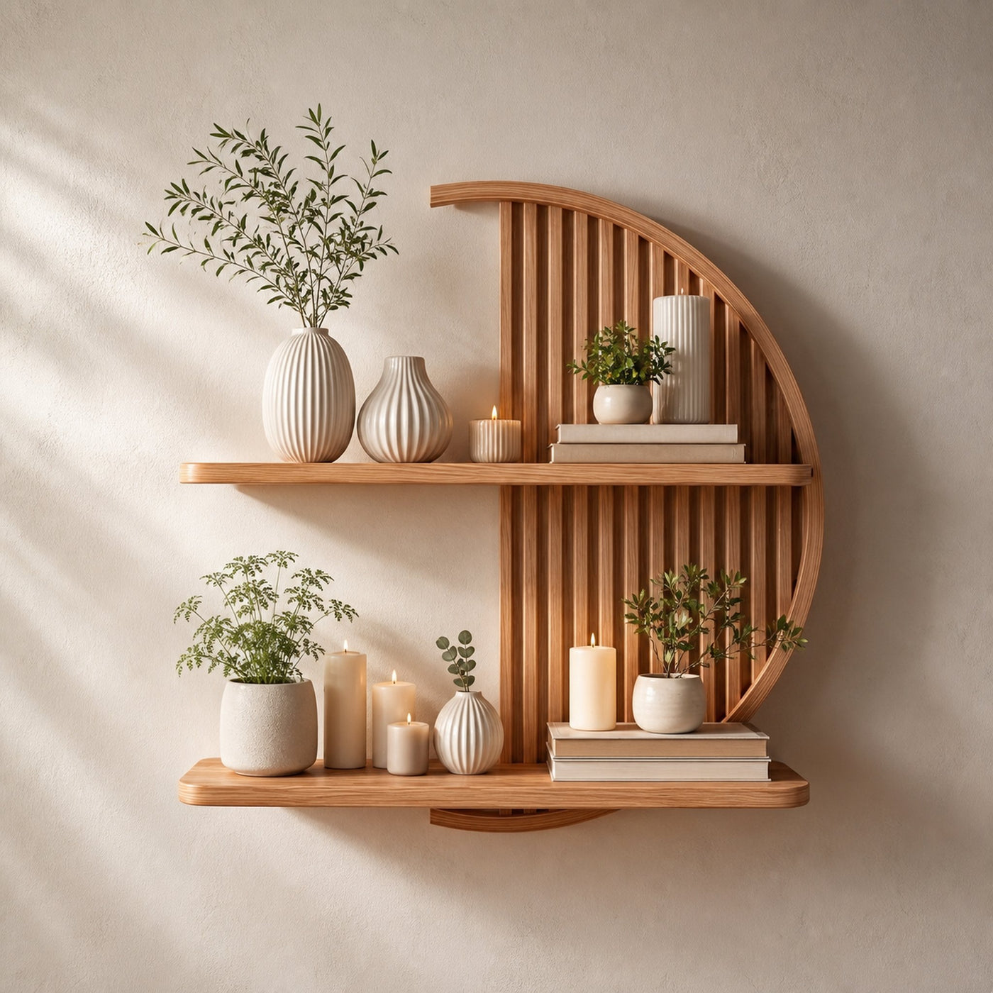 Minimalist Circle Round Floating Shelf Solid Wood For Living Room Wall Art