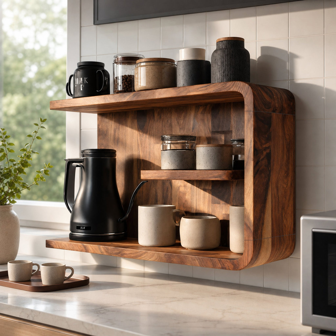 Minimalist Wooden Shelf With Hooks For Pantry Organization