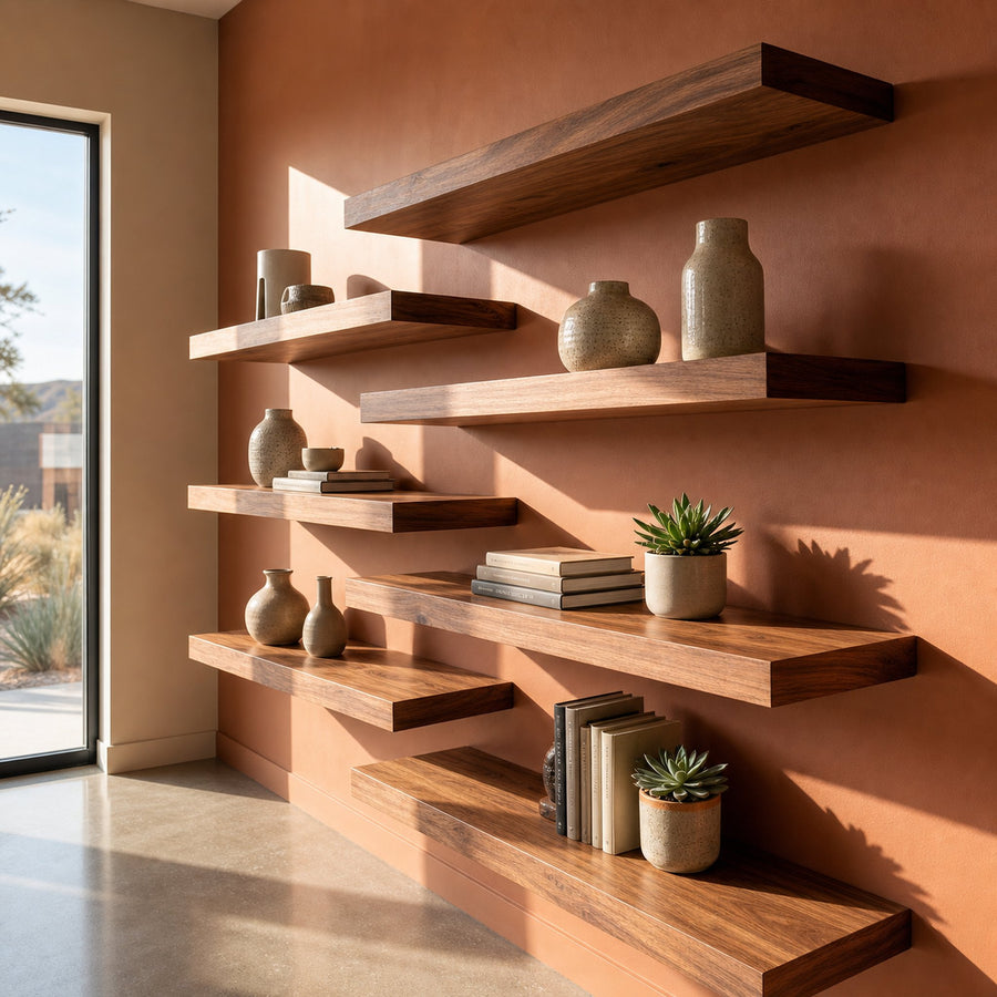 Modern Asymmetrical Floating Wall Shelves Solid Wood Statement Display