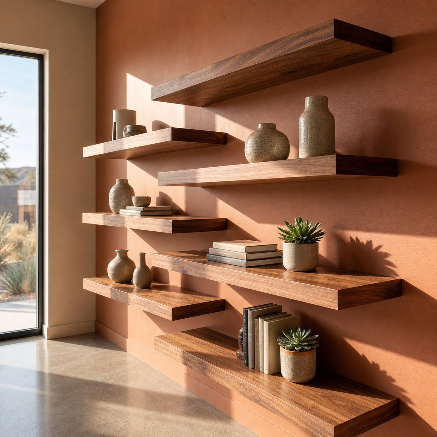 Modern Asymmetrical Floating Wall Shelves Solid Wood Statement Display