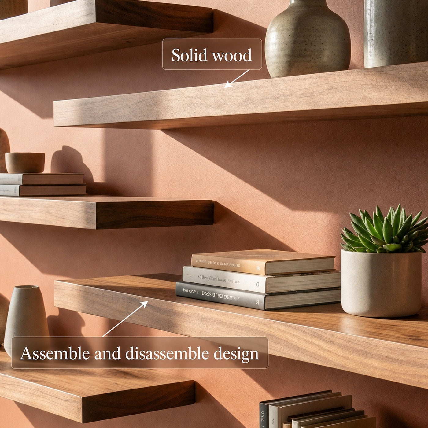 Modern Asymmetrical Floating Wall Shelves Solid Wood Statement Display - product view 6