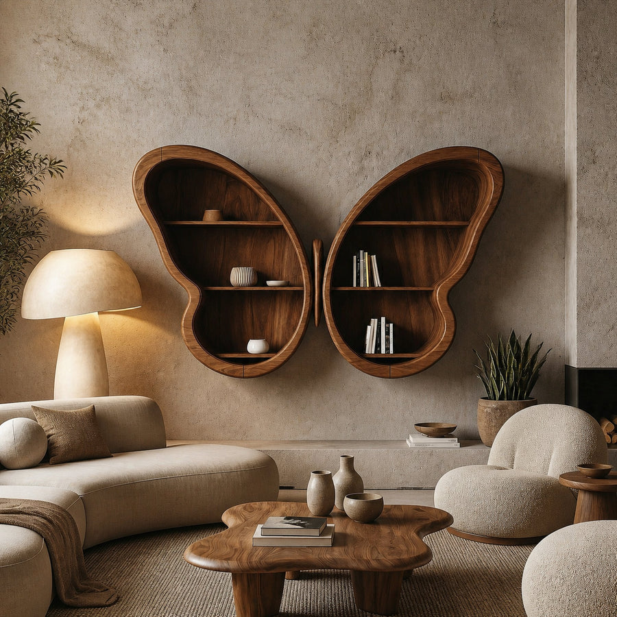 Modern Butterfly Wall Shelf With Sculptural Wooden Display Storage For Living Room