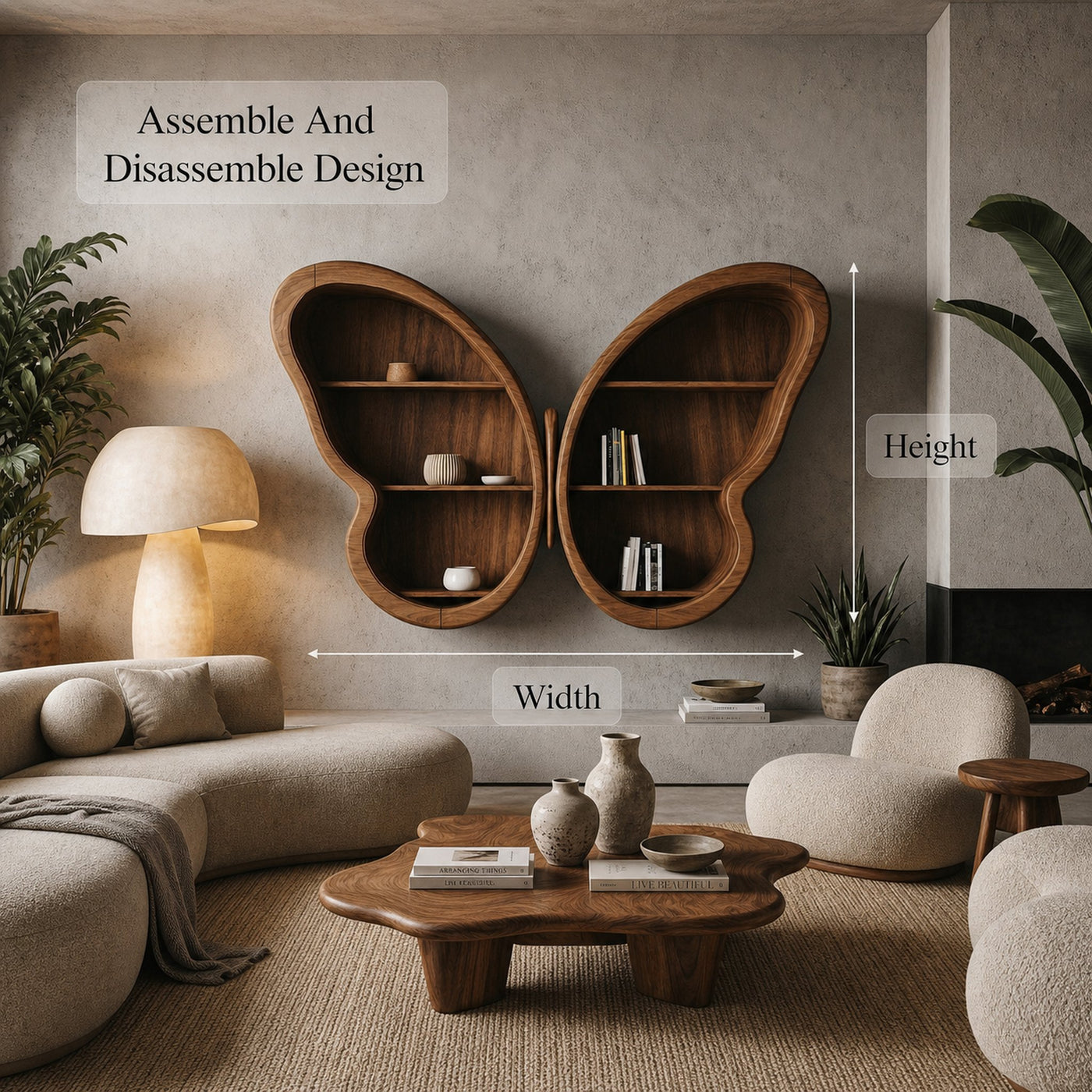 Modern Butterfly Wall Shelf With Sculptural Wooden Display Storage For Living Room - product view 8
