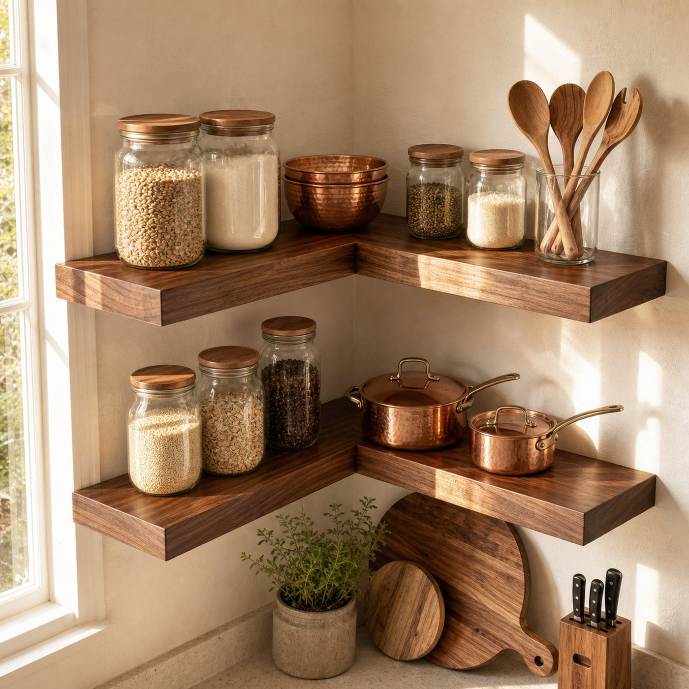 Modern Corner Wall Mounted Kitchen Shelving Unit Wood Storage Rack