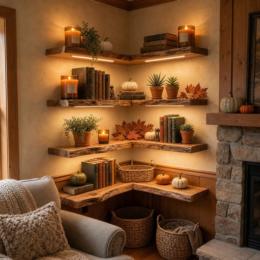 Modern Cozy Corner Floating Wall Shelves Solid Wood Reading Nook Display