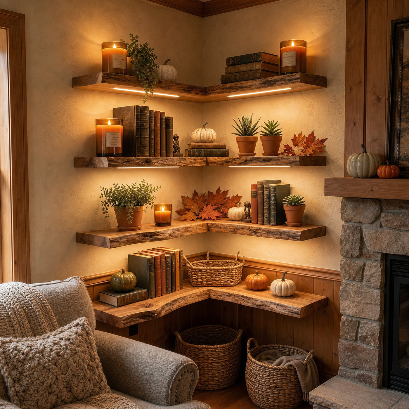 Modern Cozy Corner Floating Wall Shelves Solid Wood Reading Nook Display