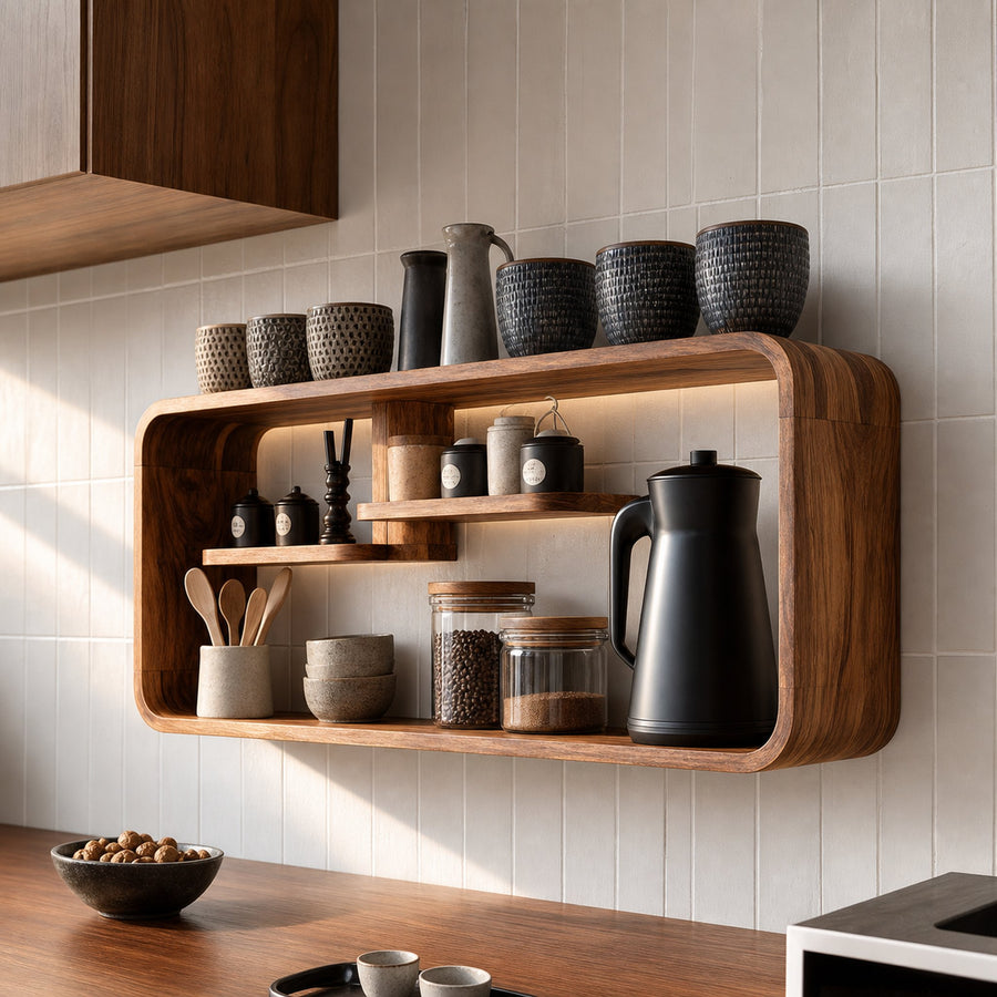 Modern Curved Wooden Kitchen Shelf For Furniture Decor