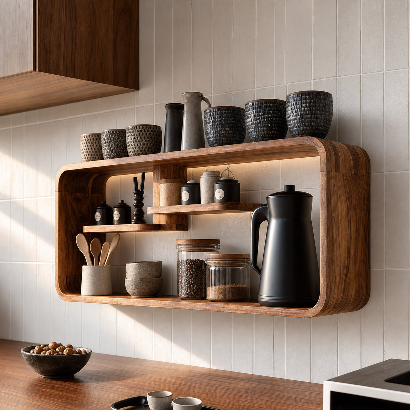 Modern Curved Wooden Kitchen Shelf For Furniture Decor