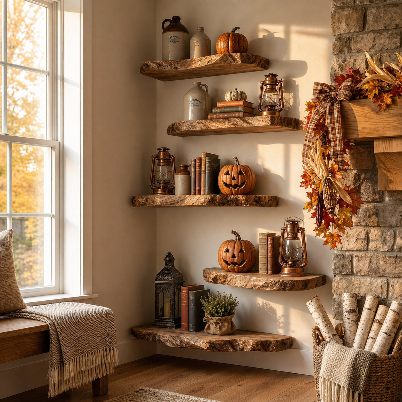 Modern Farmhouse Autumn Decor Floating Wall Shelves Solid Wood Display