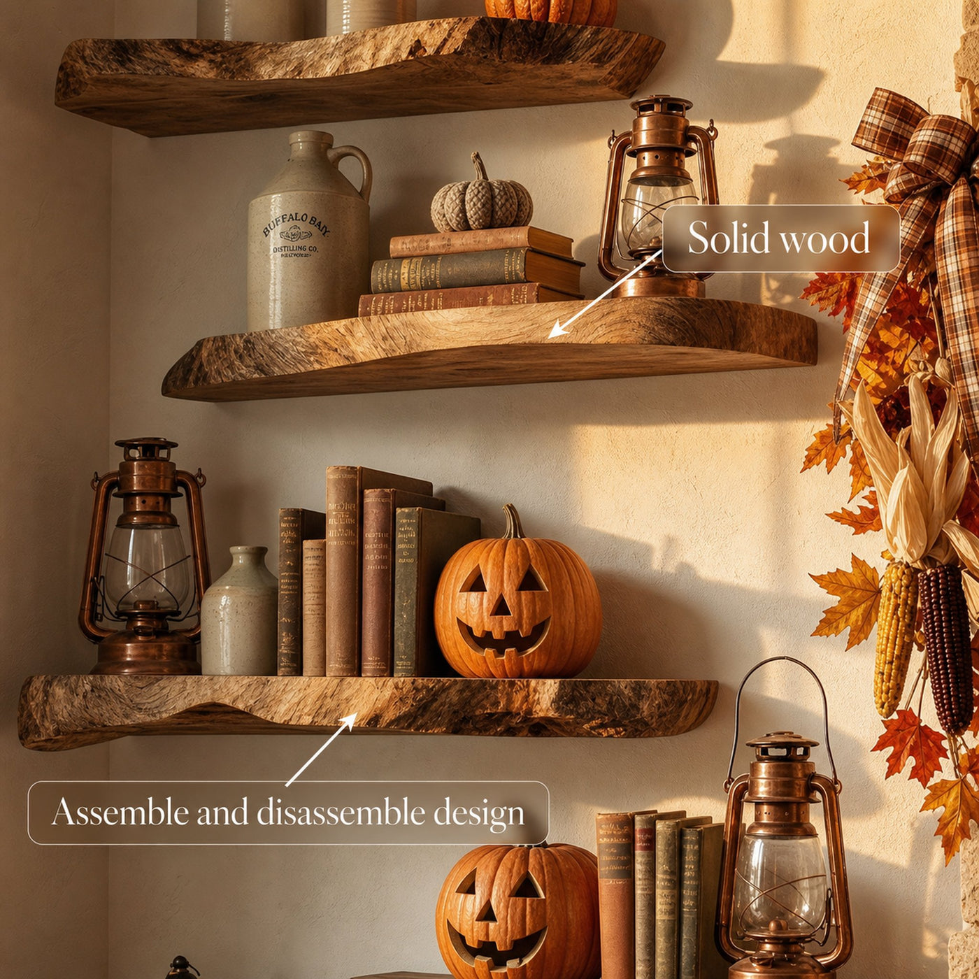 Modern Farmhouse Autumn Decor Floating Wall Shelves Solid Wood Display - product view 6