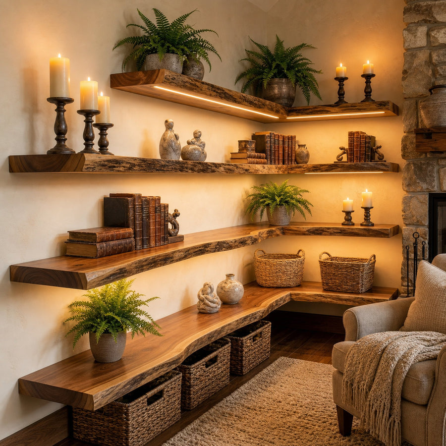 Modern Farmhouse Living Room Floating Wall Shelves Solid Wood