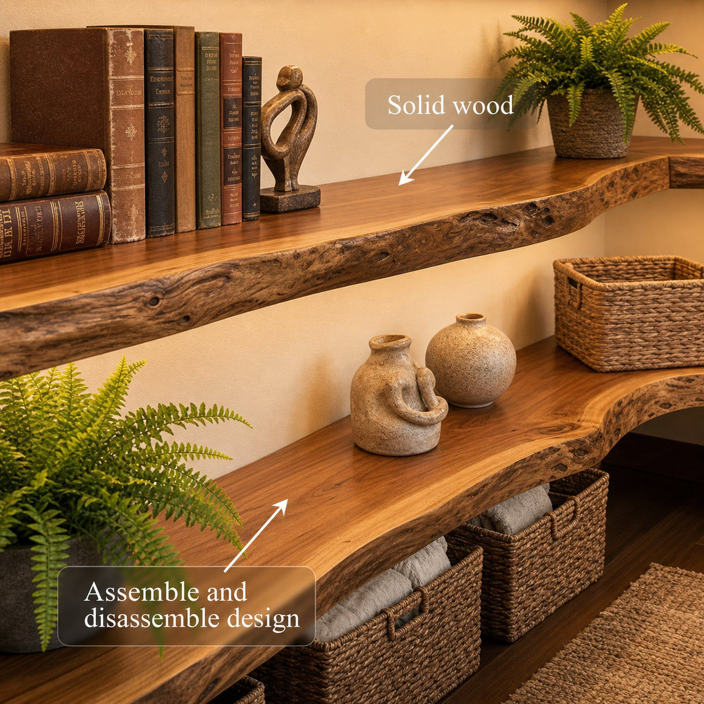 Modern Farmhouse Living Room Floating Wall Shelves Solid Wood - product view 7