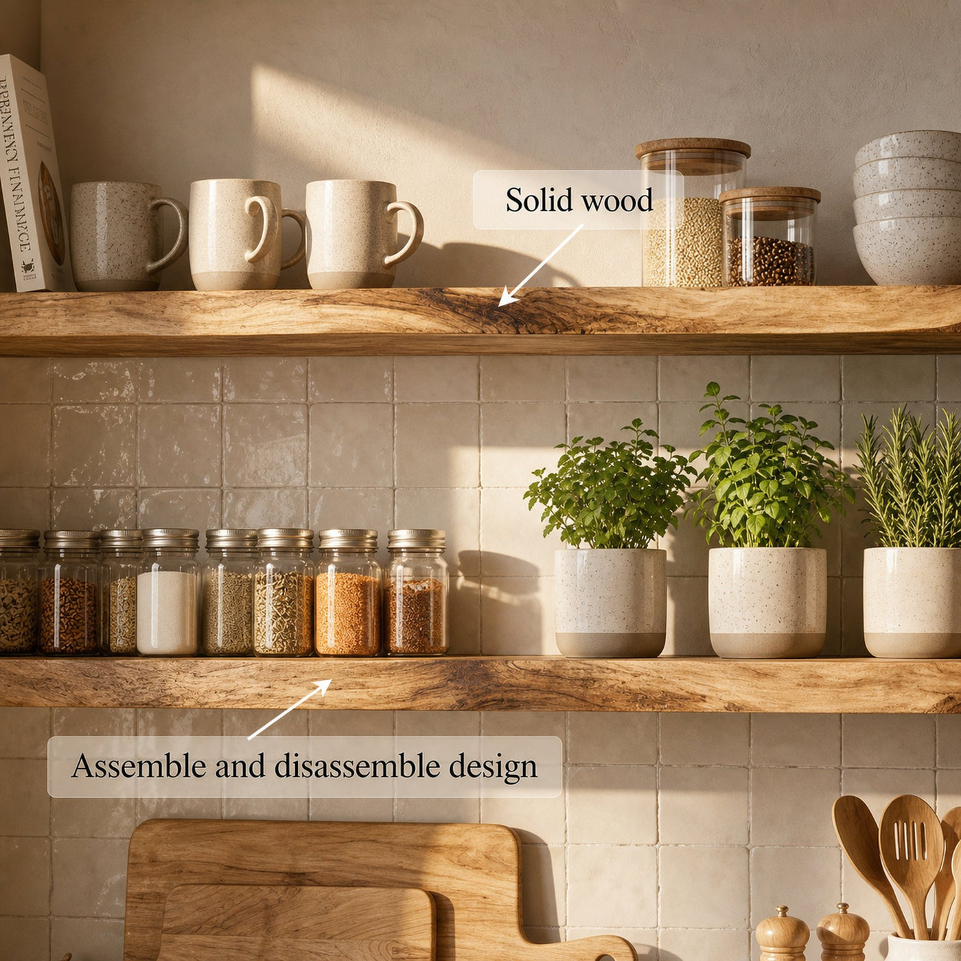 Modern Farmhouse Solid Wood Kitchen Wall Shelving Open Storage Rack - product view 6