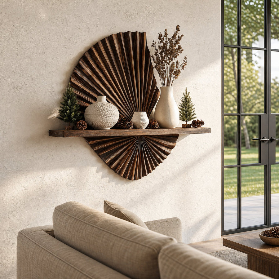 Modern Floating Shelf With Sunburst Wood Wall Sculpture For Living Room