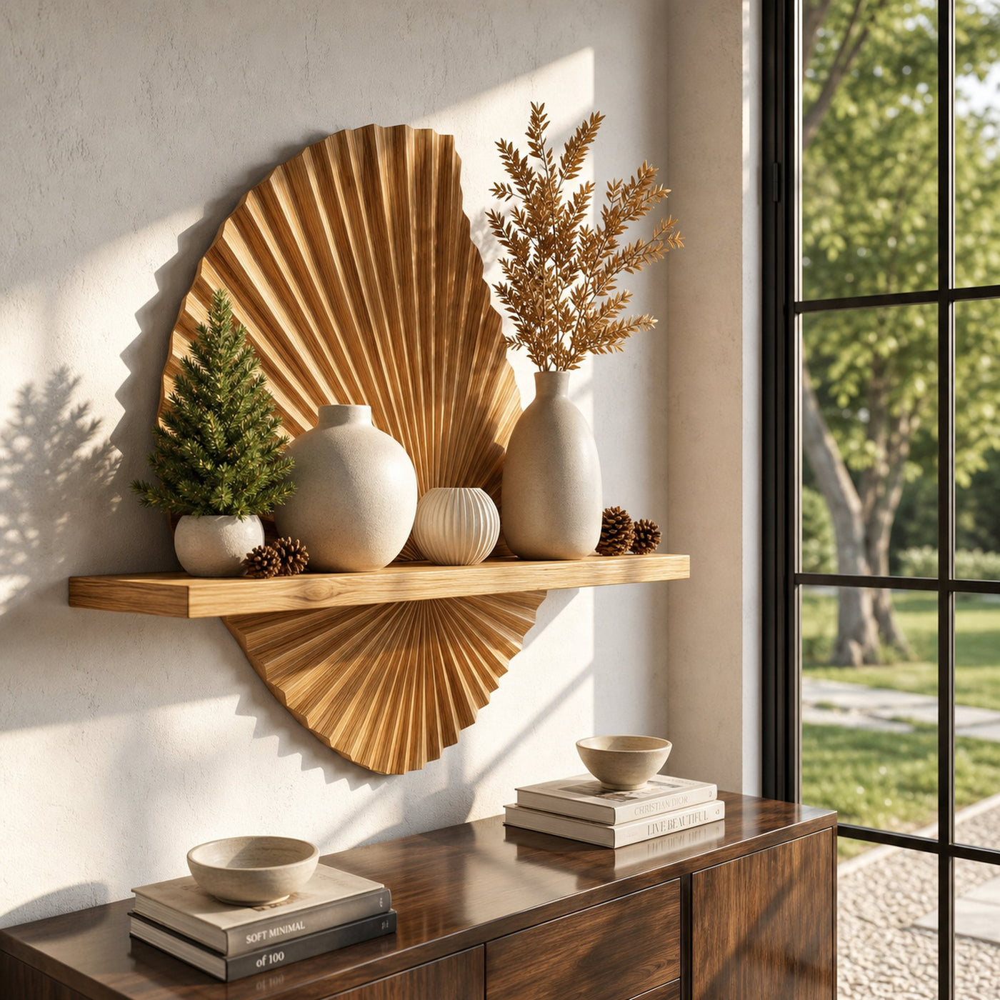 Modern Floating Shelf With Sunburst Wood Wall Sculpture For Living Room - product view 6