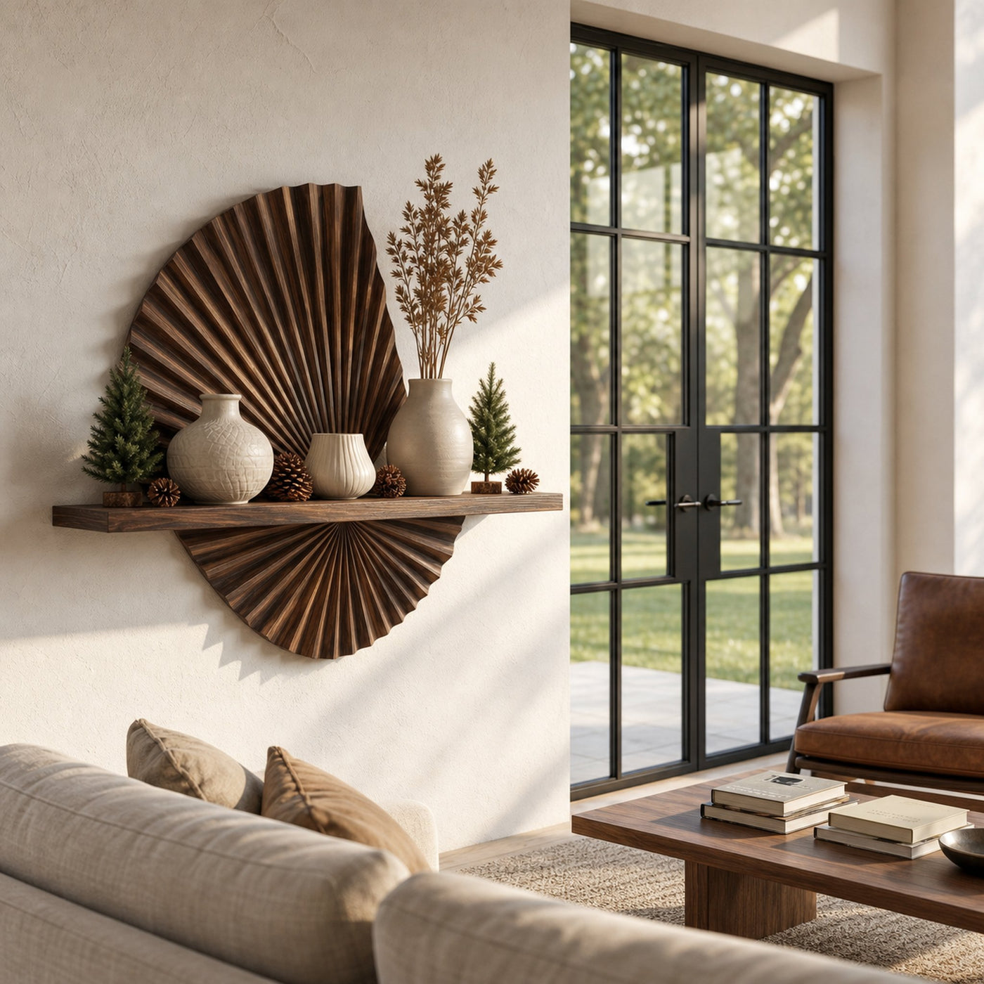 Modern Floating Shelf With Sunburst Wood Wall Sculpture For Living Room - product view 7