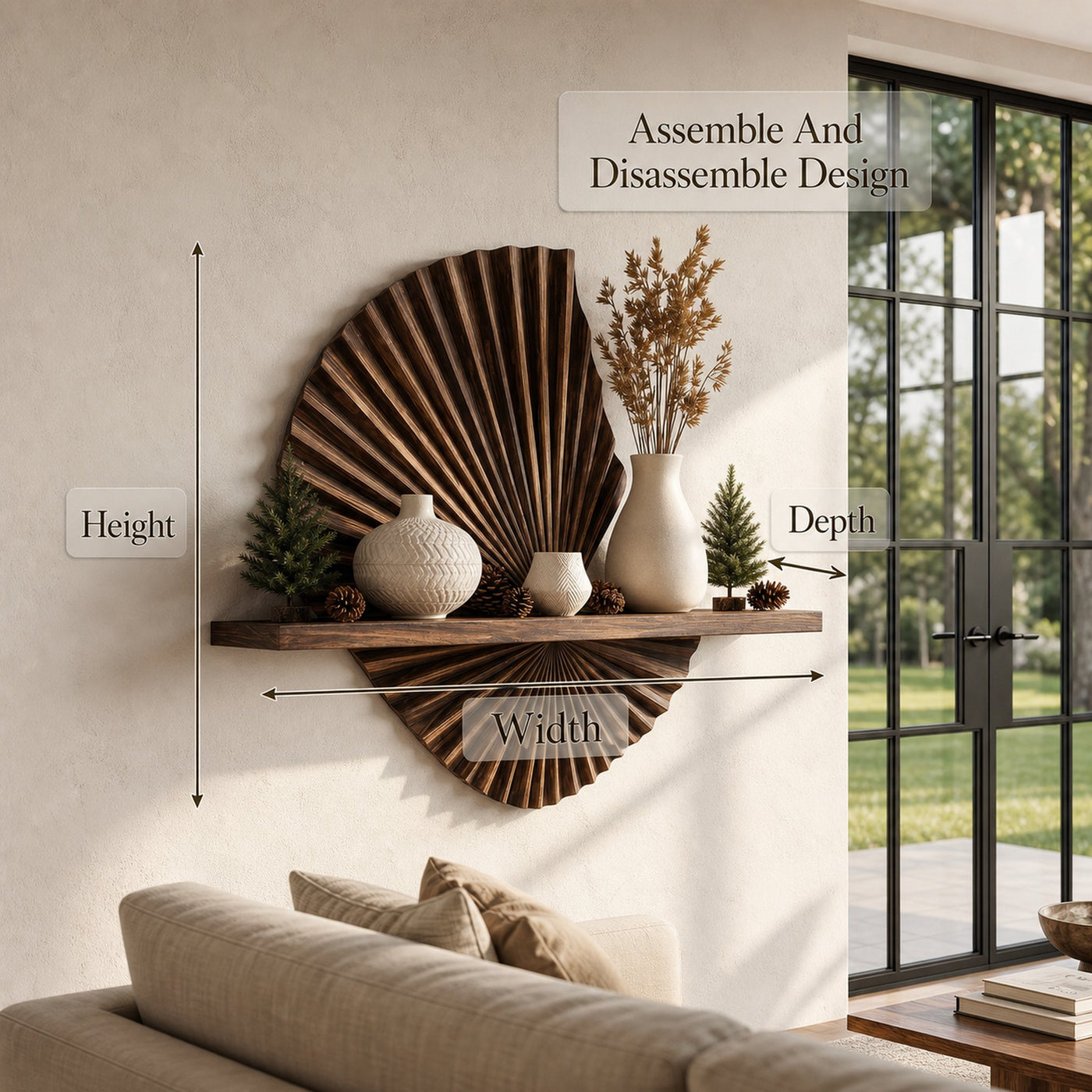 Modern Floating Shelf With Sunburst Wood Wall Sculpture For Living Room - product view 8
