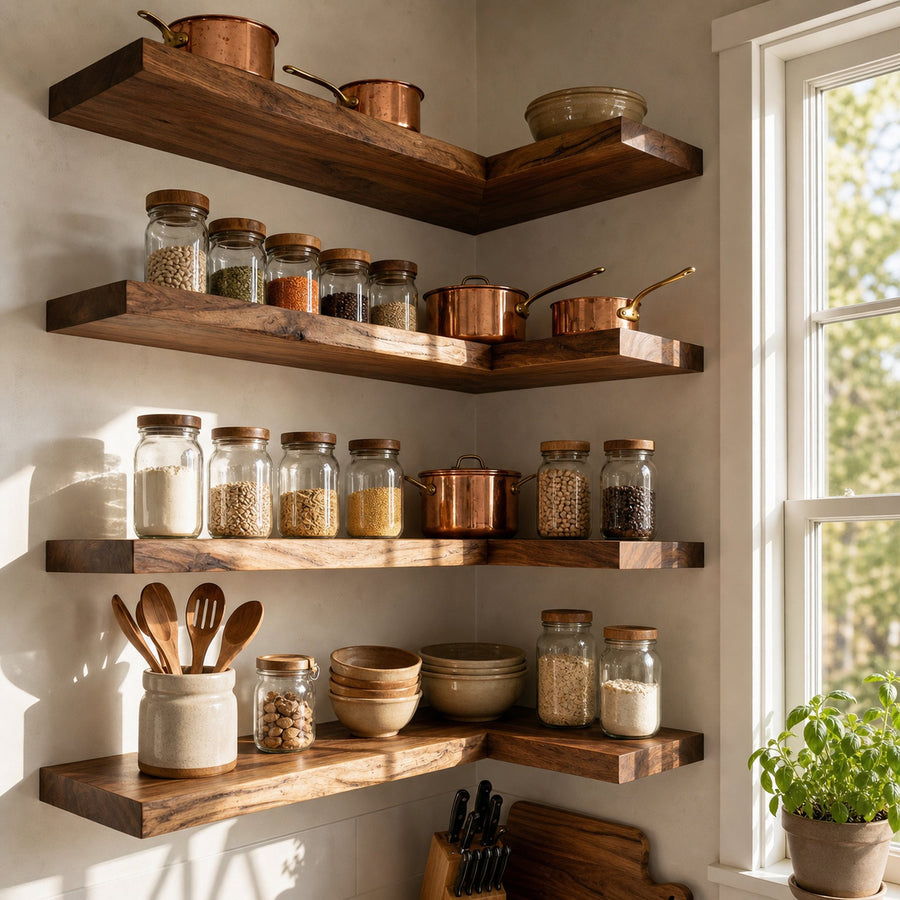 Modern L Shape Floating Kitchen Shelves Corner Wall Storage Display
