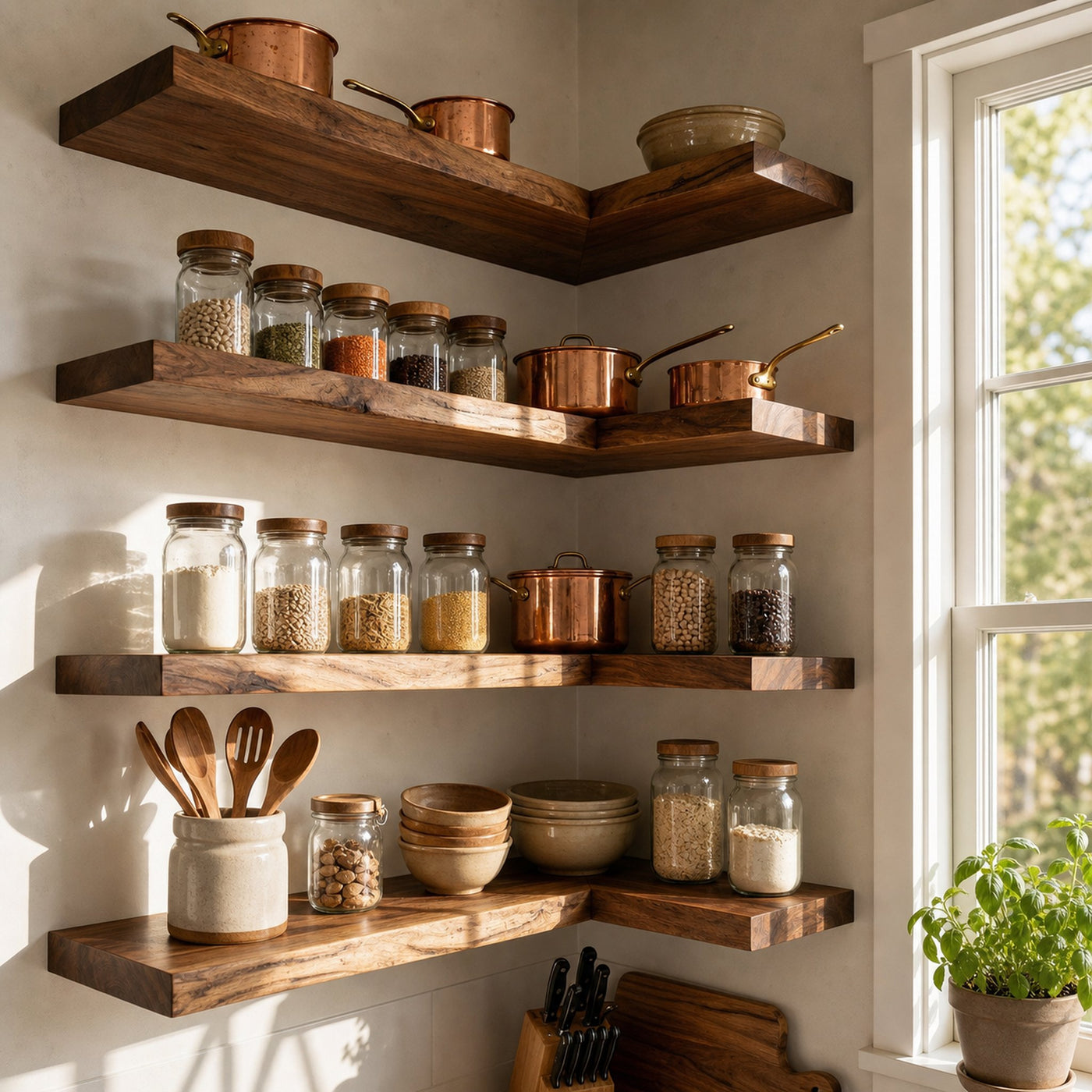 Modern L Shape Floating Kitchen Shelves Corner Wall Storage Display