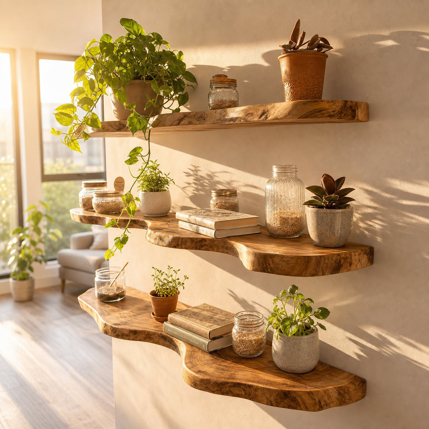Modern Live Edge Floating Wall Shelves Natural Wood Organic Display