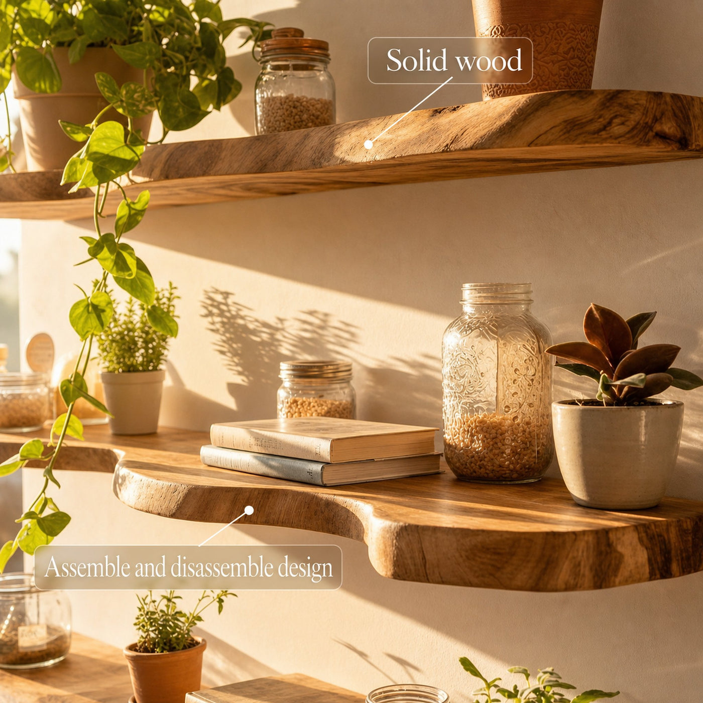 Modern Live Edge Floating Wall Shelves Natural Wood Organic Display - product view 6
