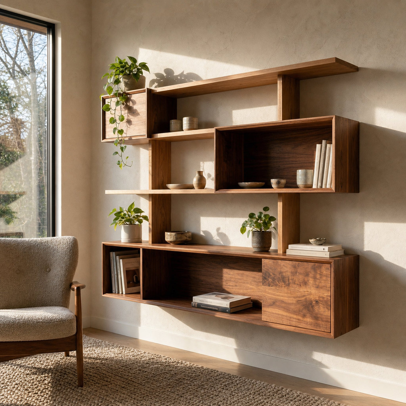 Modern Modular Wall Shelf Solid Wood Asymmetrical Storage Display