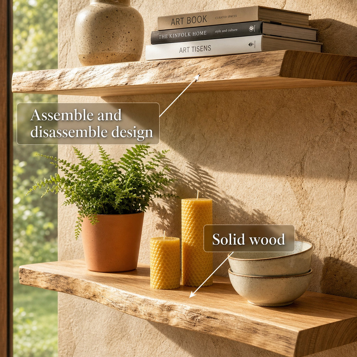 Modern Natural Oak Floating Wall Shelves Minimal Home Display - product view 6