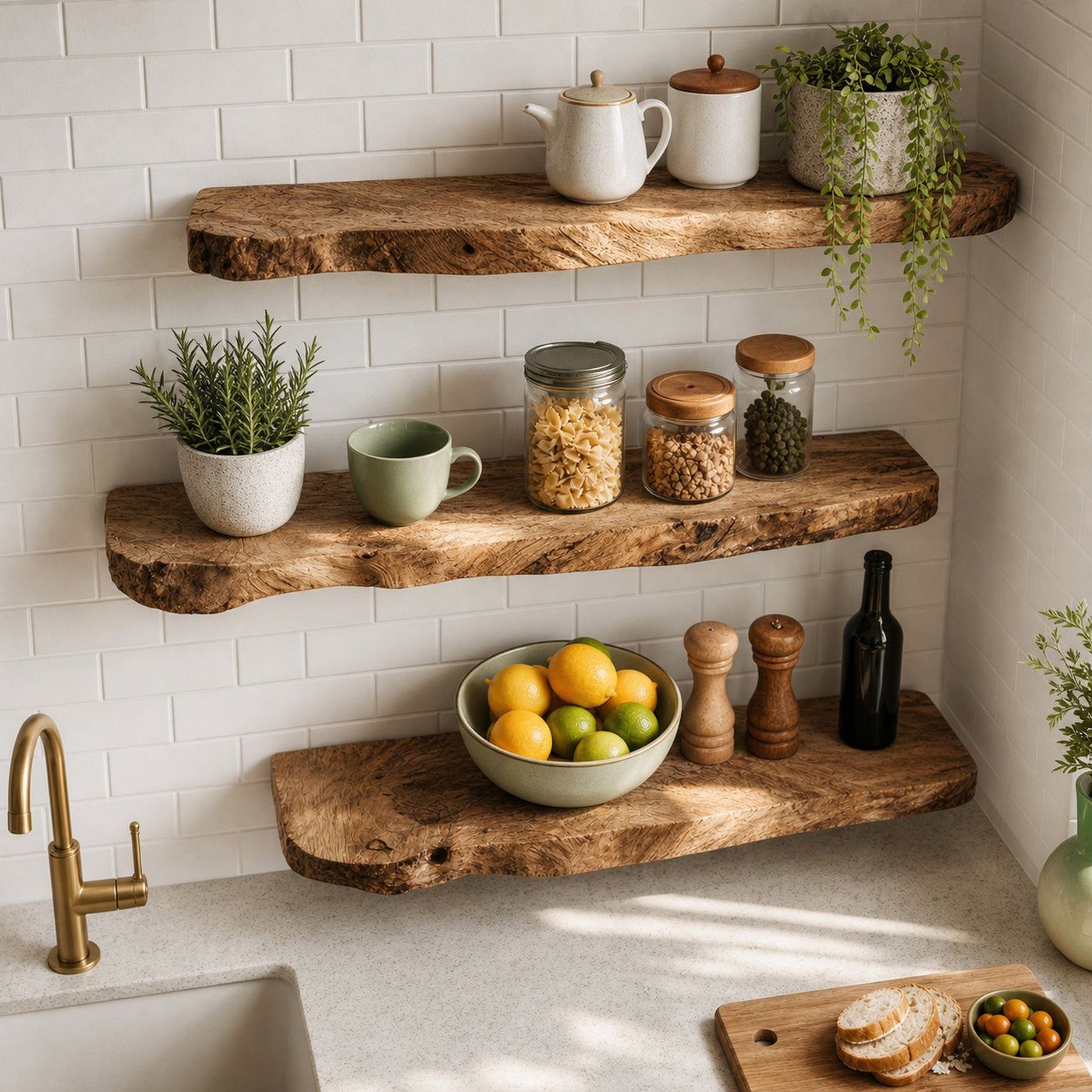 Modern Natural Slab Floating Kitchen Shelves Solid Wood Countertop Display