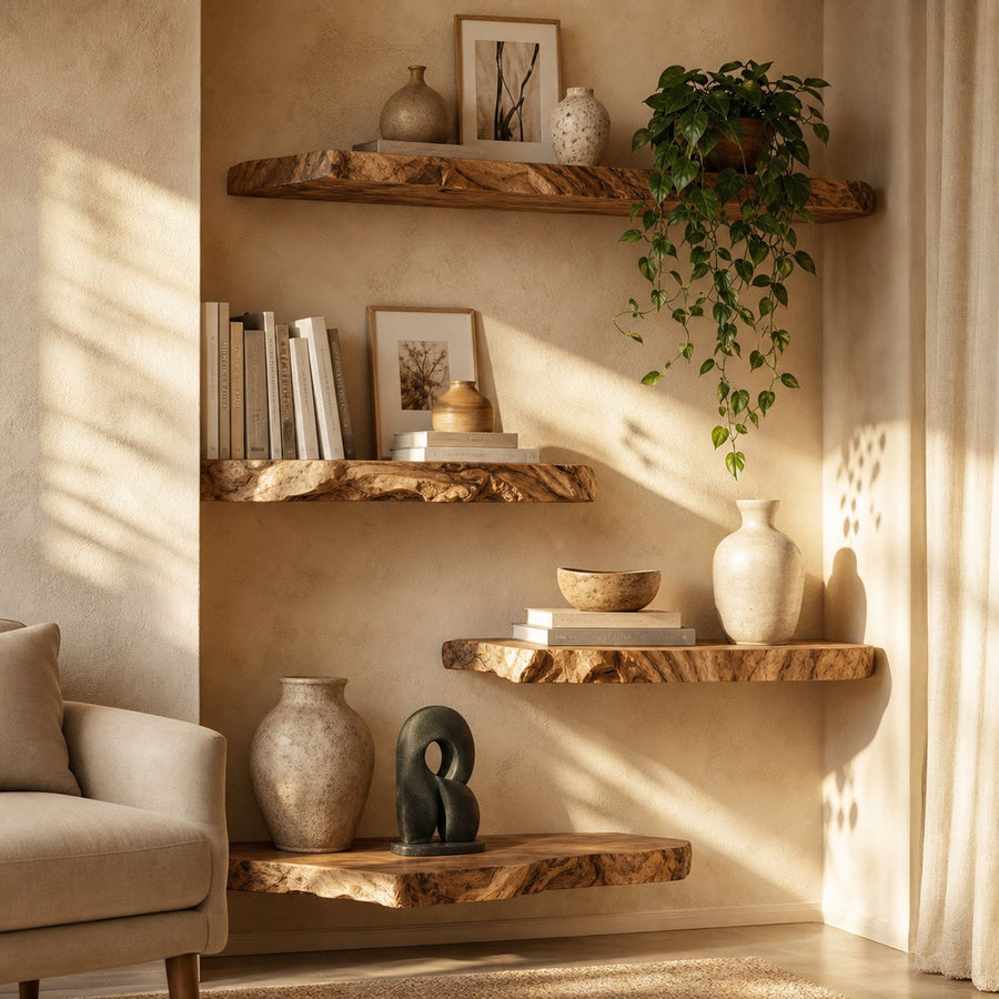 Modern Organic Live Edge Floating Wall Shelves Natural Wood Accent Display
