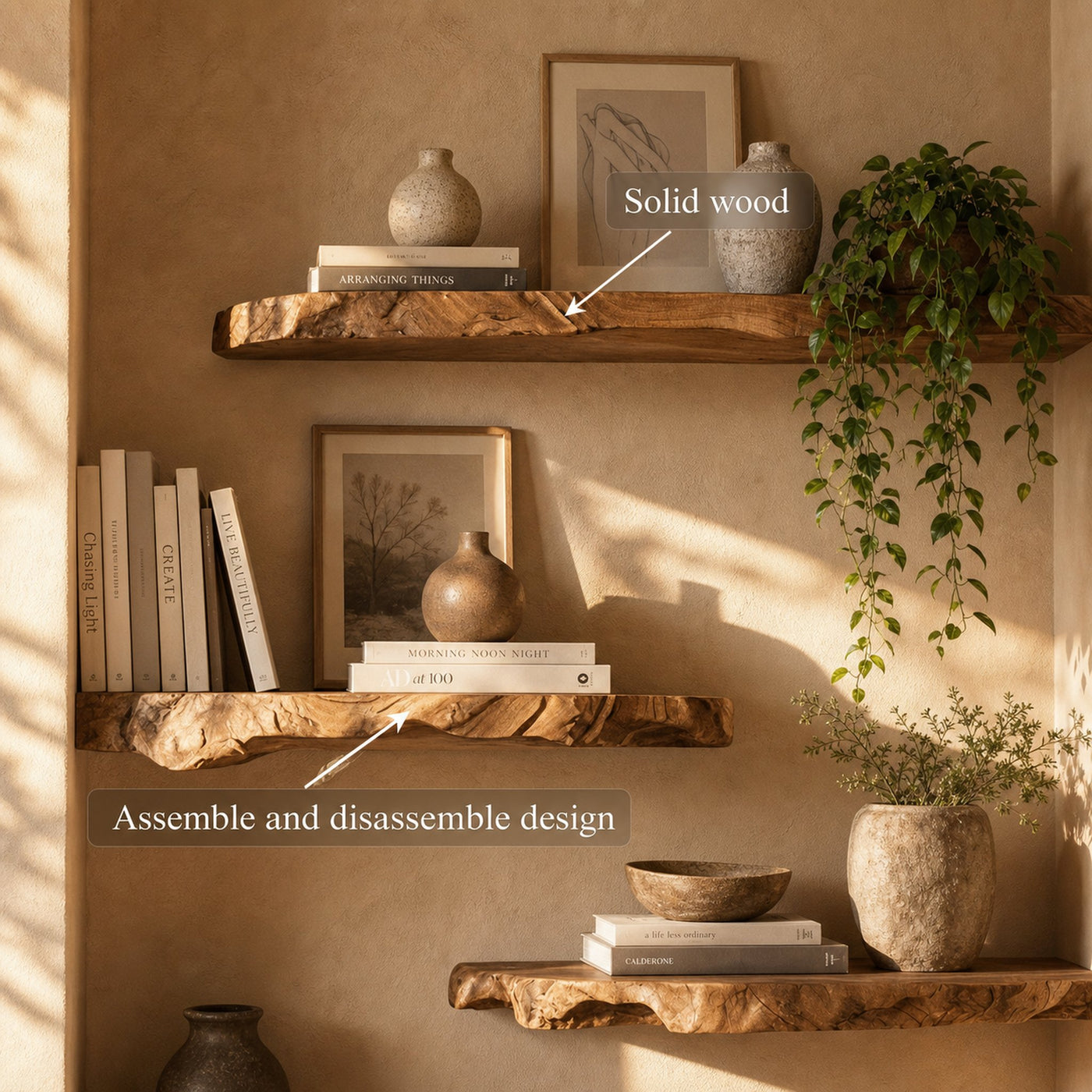 Modern Organic Live Edge Floating Wall Shelves Natural Wood Accent Display - product view 6
