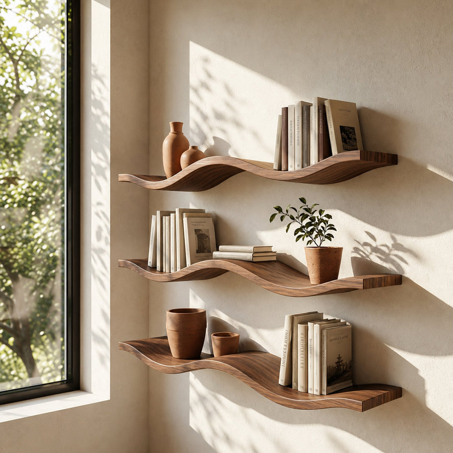 Modern Organic Wave Floating Shelves Wood Artistic Wall Display