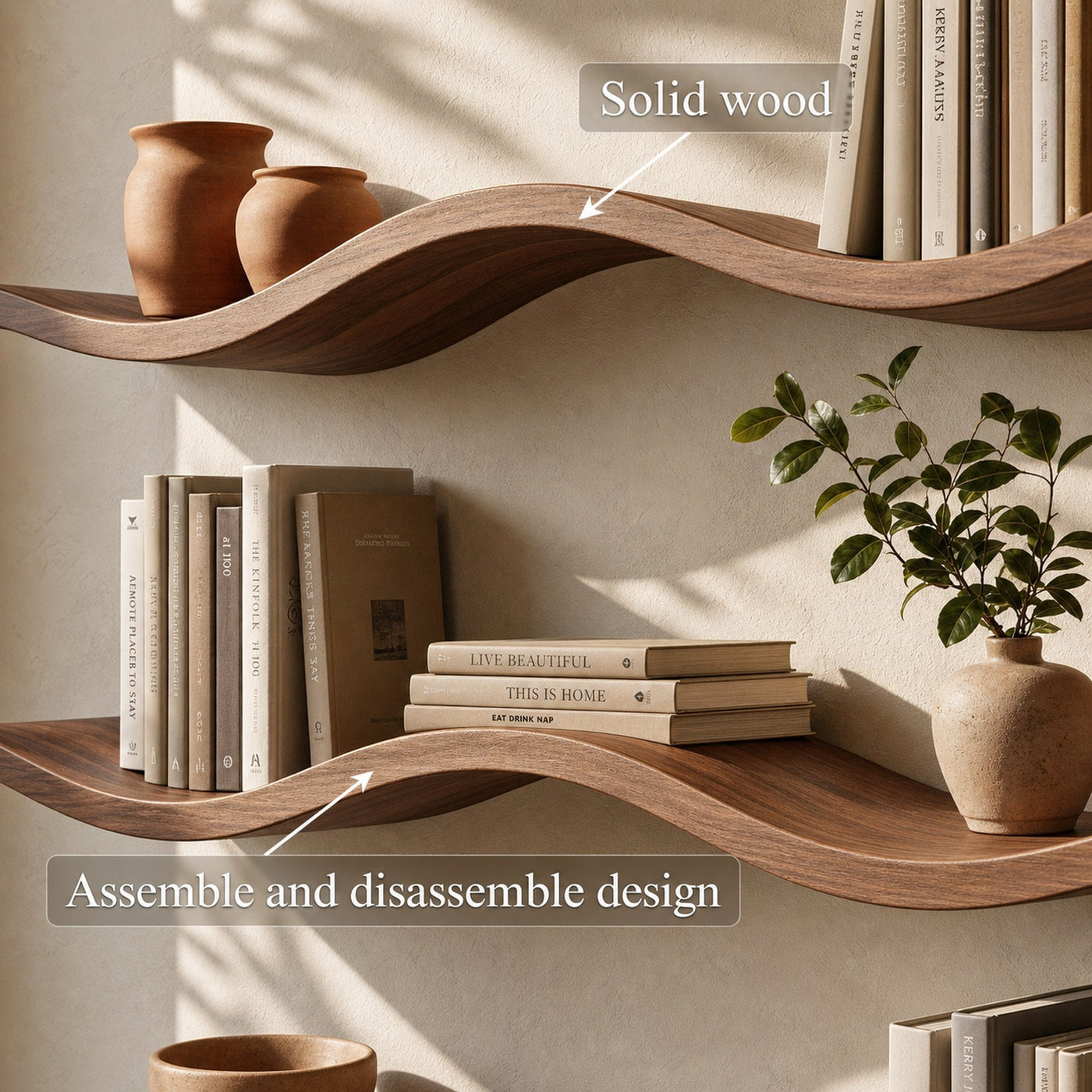 Modern Organic Wave Floating Shelves Wood Artistic Wall Display - product view 6